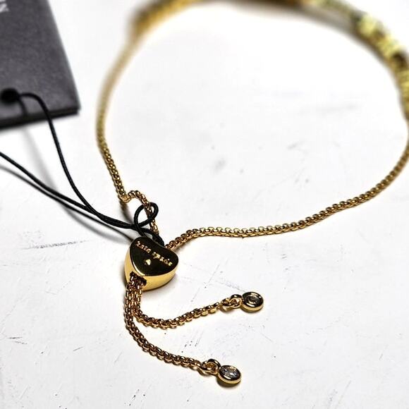 Kate Spade Queen Of The Court Tennis Slider Bracelet Racket Line Gold Pearl Pave - Picture 4 of 9